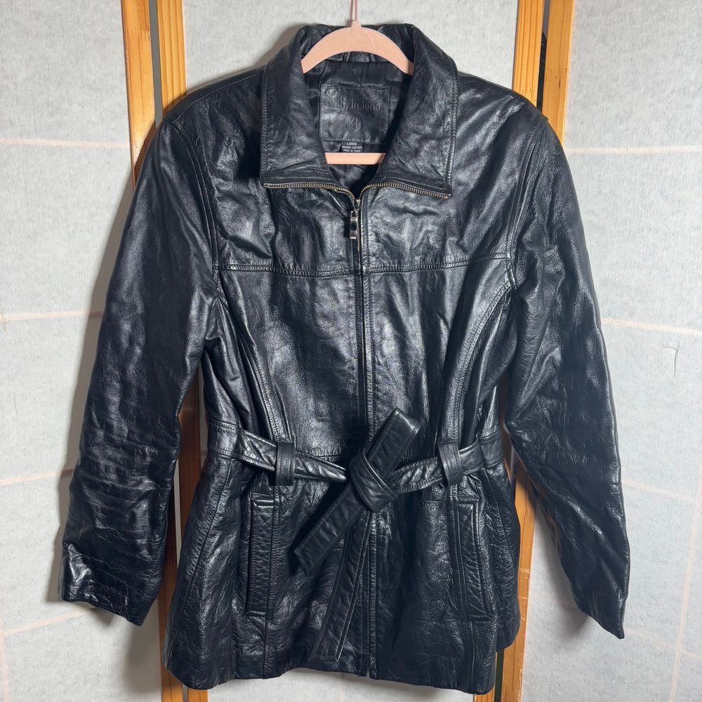 Kathy Ireland Jacket Women's Large Genuine‎ Leather Moto Black Belted Coat